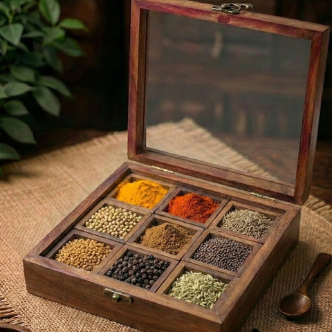Wooden Spice Box With Spoon