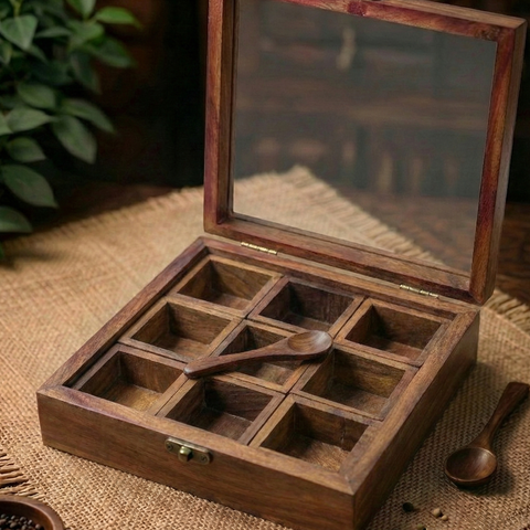 Wooden Spice Box With Spoon