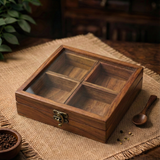 Square Wooden Masala Box With Spoon | 4-Section Spice Organizer | 8 Inch