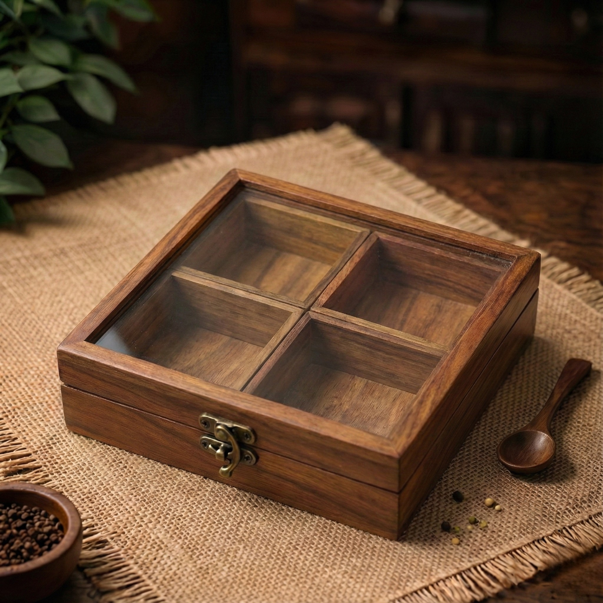 Square Wooden Masala Box With Spoon | 4-Section Spice Organizer | 8 Inch