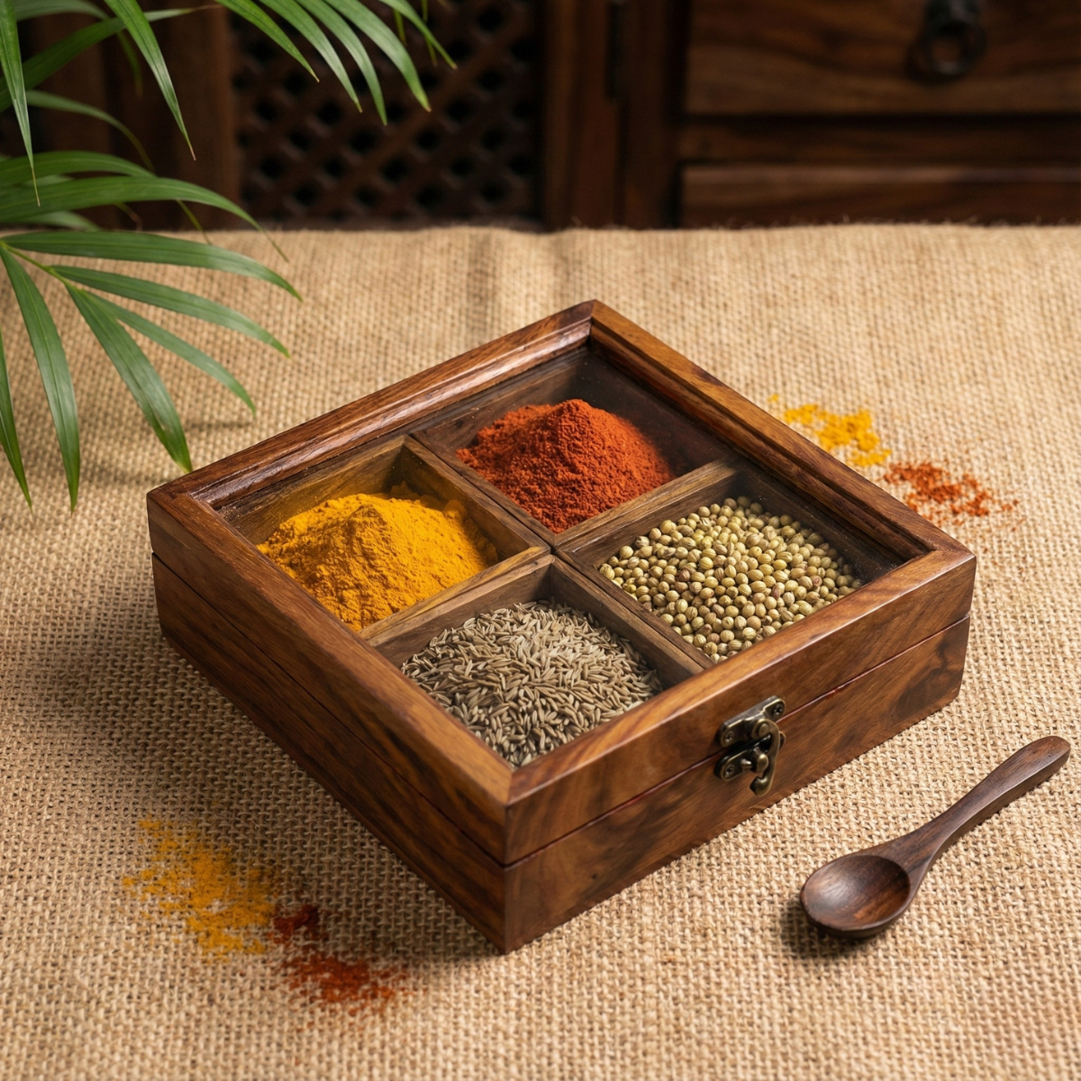 Square Wooden Masala Box With Spoon | 4-Section Spice Organizer | 8 Inch