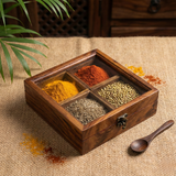 Square Wooden Masala Box With Spoon | 4-Section Spice Organizer | 8 Inch