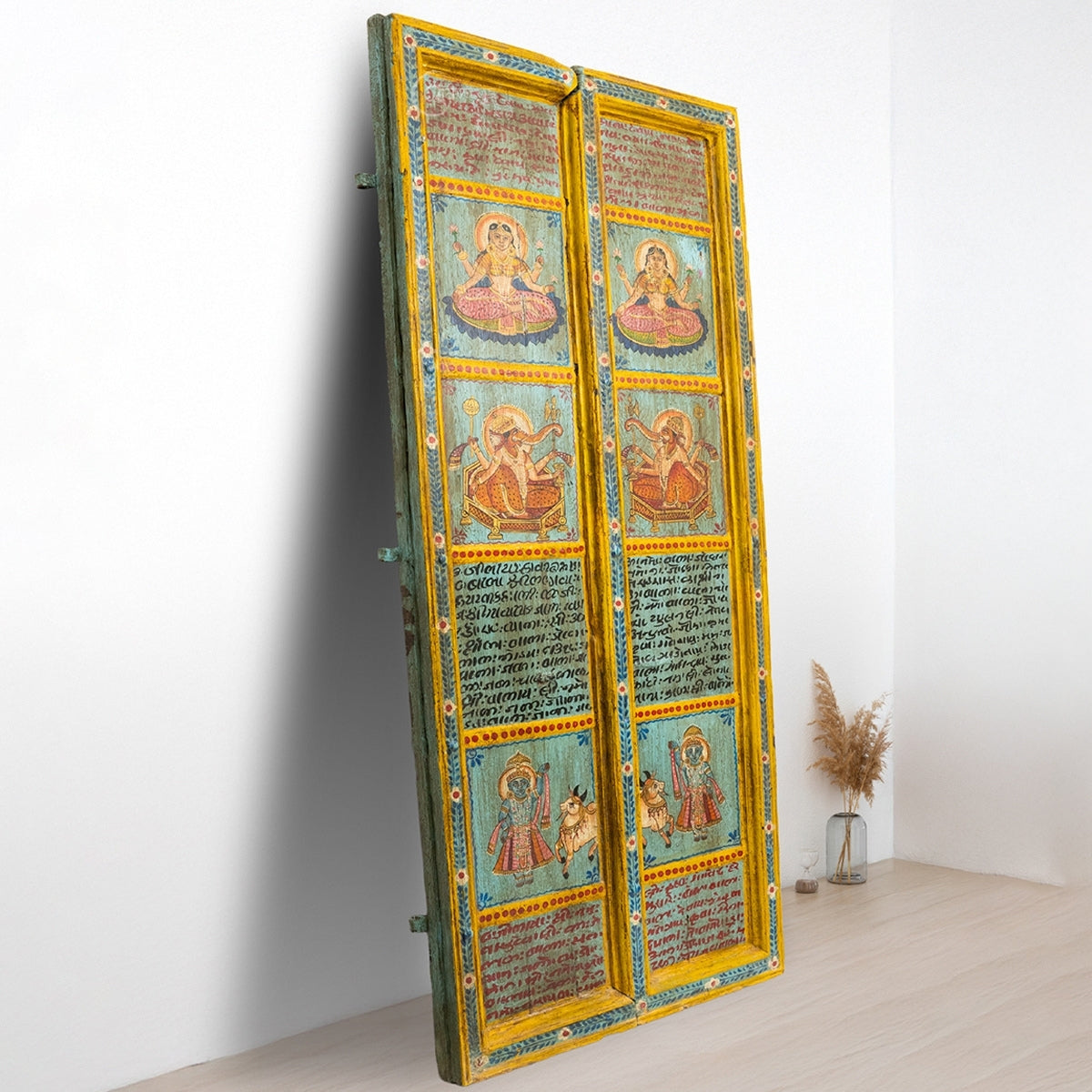 Wooden Door with Handpainted Laxmi on Lotus (Yellow)