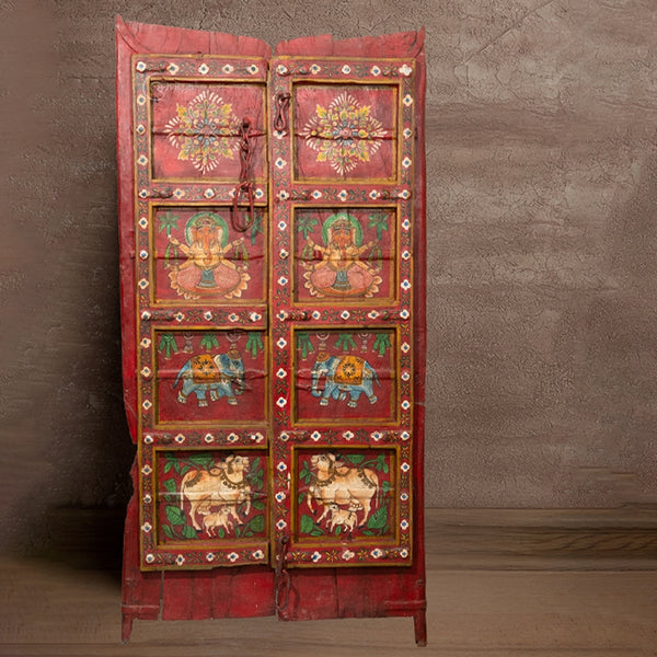 Wooden Door with Handpainted Ganesha (Red)