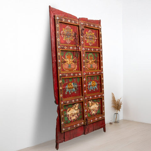 Wooden Door with Handpainted Ganesha (Red)