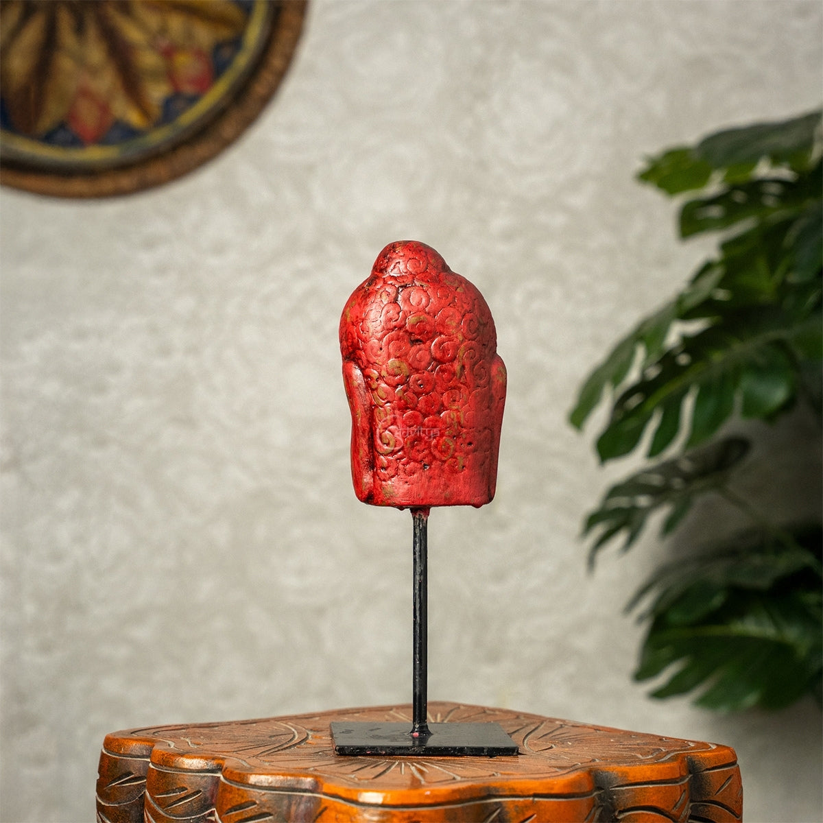 Wooden Buddha Face on Iron Stand (Red)