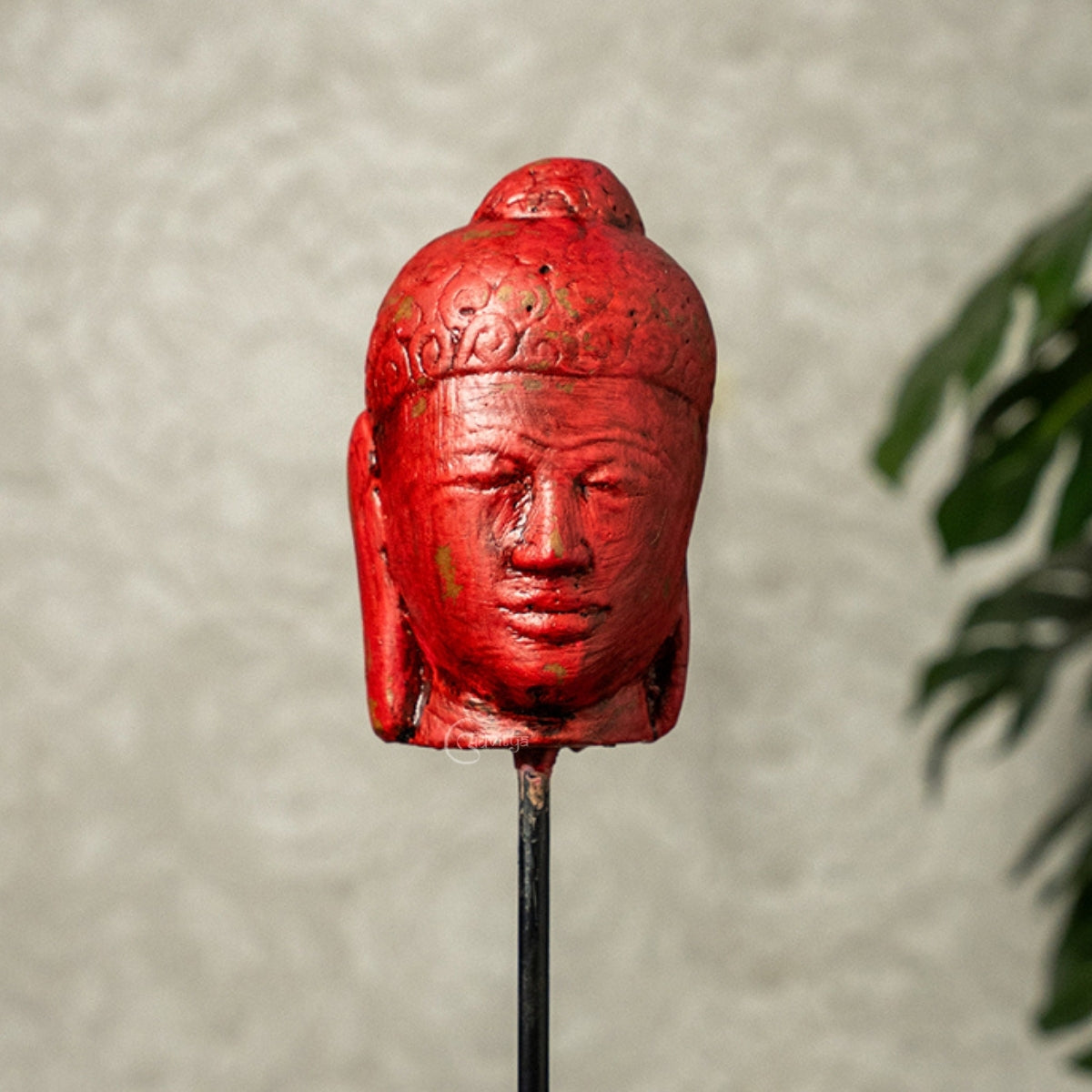 Wooden Buddha Face on Iron Stand (Red)