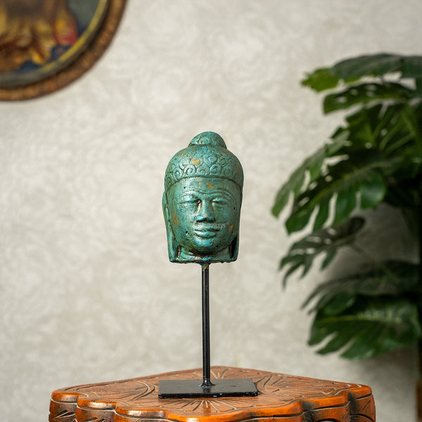 Wooden Buddha Face on Iron Stand (Green)