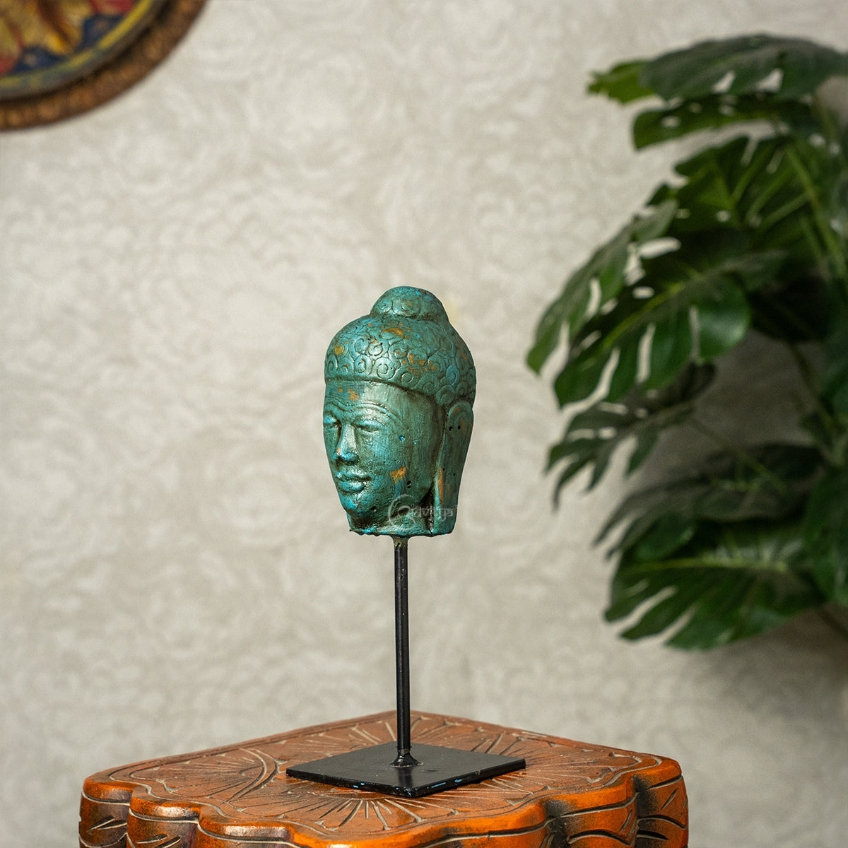 Wooden Buddha Face on Iron Stand (Green)
