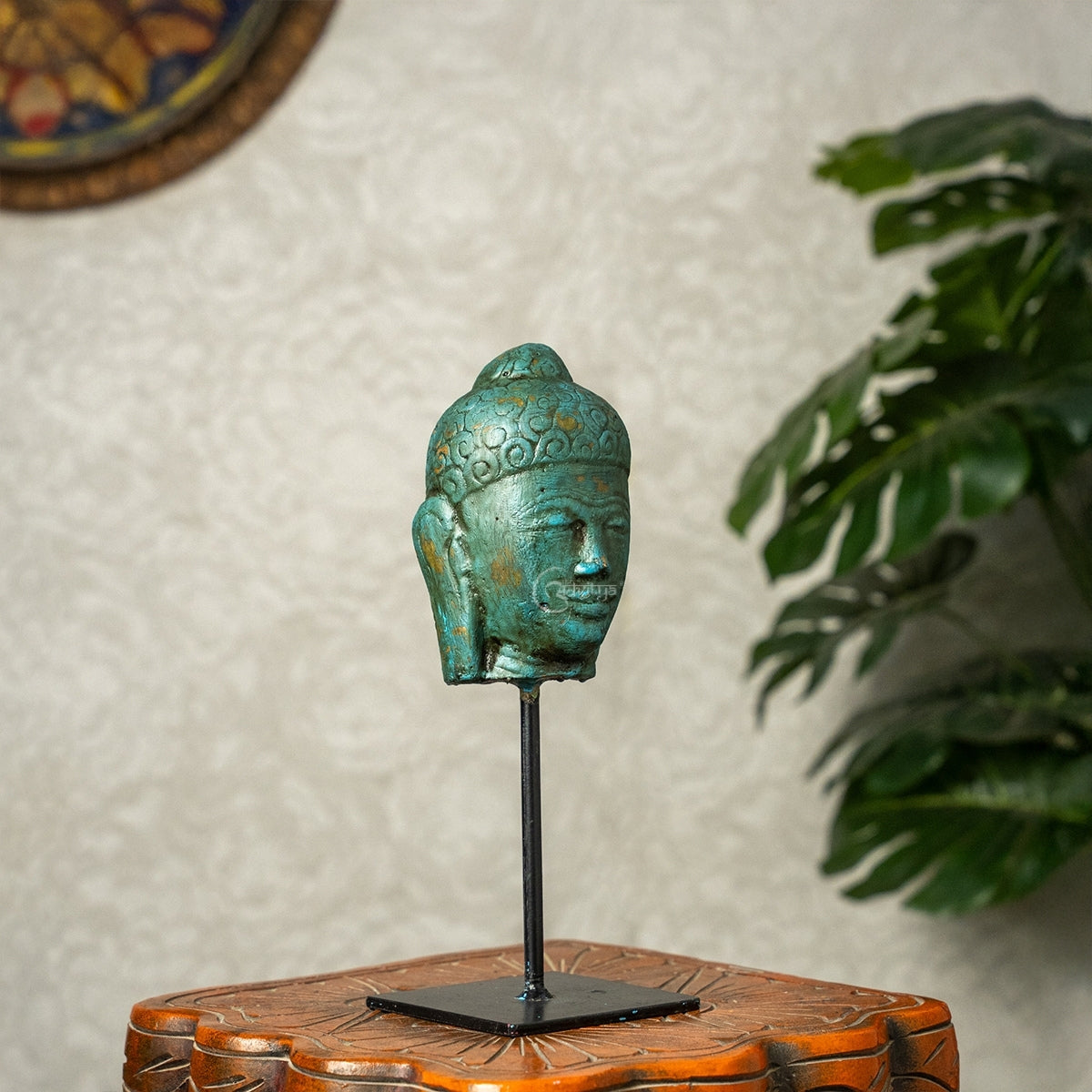 Wooden Buddha Face on Iron Stand (Green)