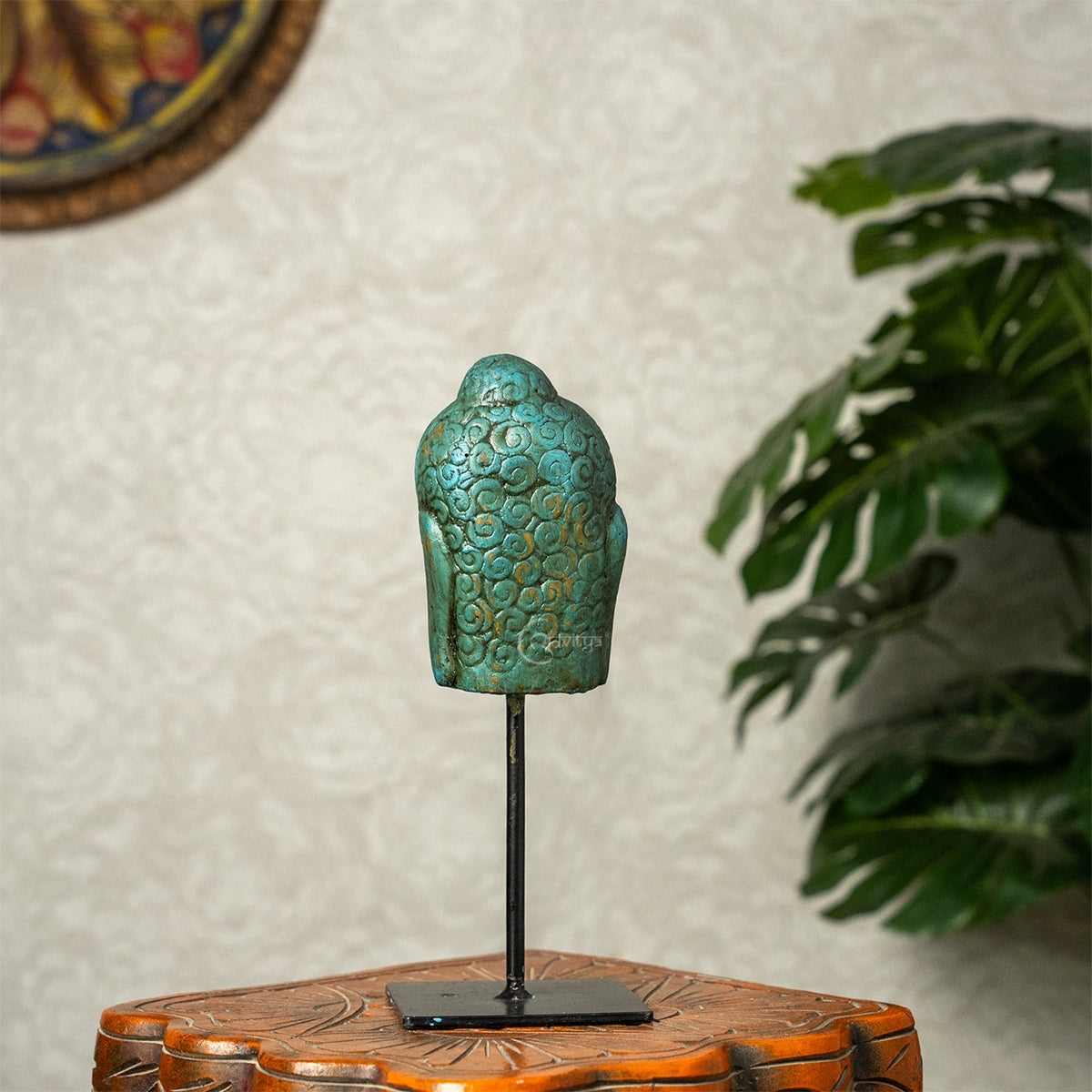 Wooden Buddha Face on Iron Stand (Green)