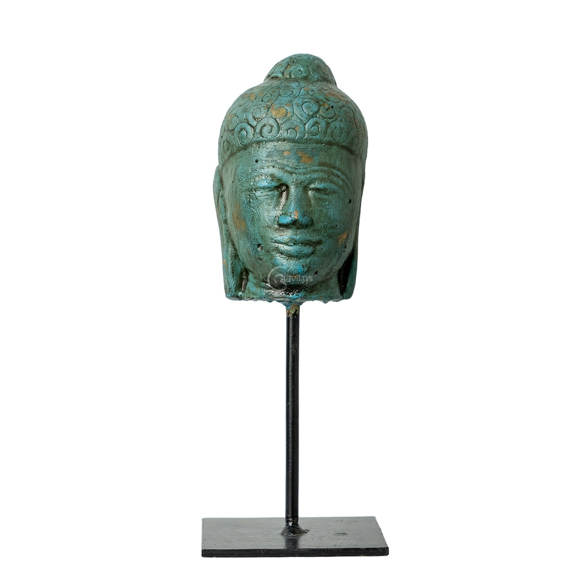 Wooden Buddha Face on Iron Stand (Green)