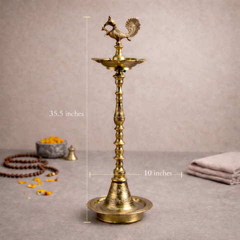 Peacock Venu Lamp | Five Wick Diya | Brass Diya | Pooja & Decor | 35.5 Inches