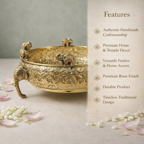 Elephant Face Urli | Brass Bowl for Decor & Gifting | Lightweight | Floral Detailing | 8 X 4 Inches