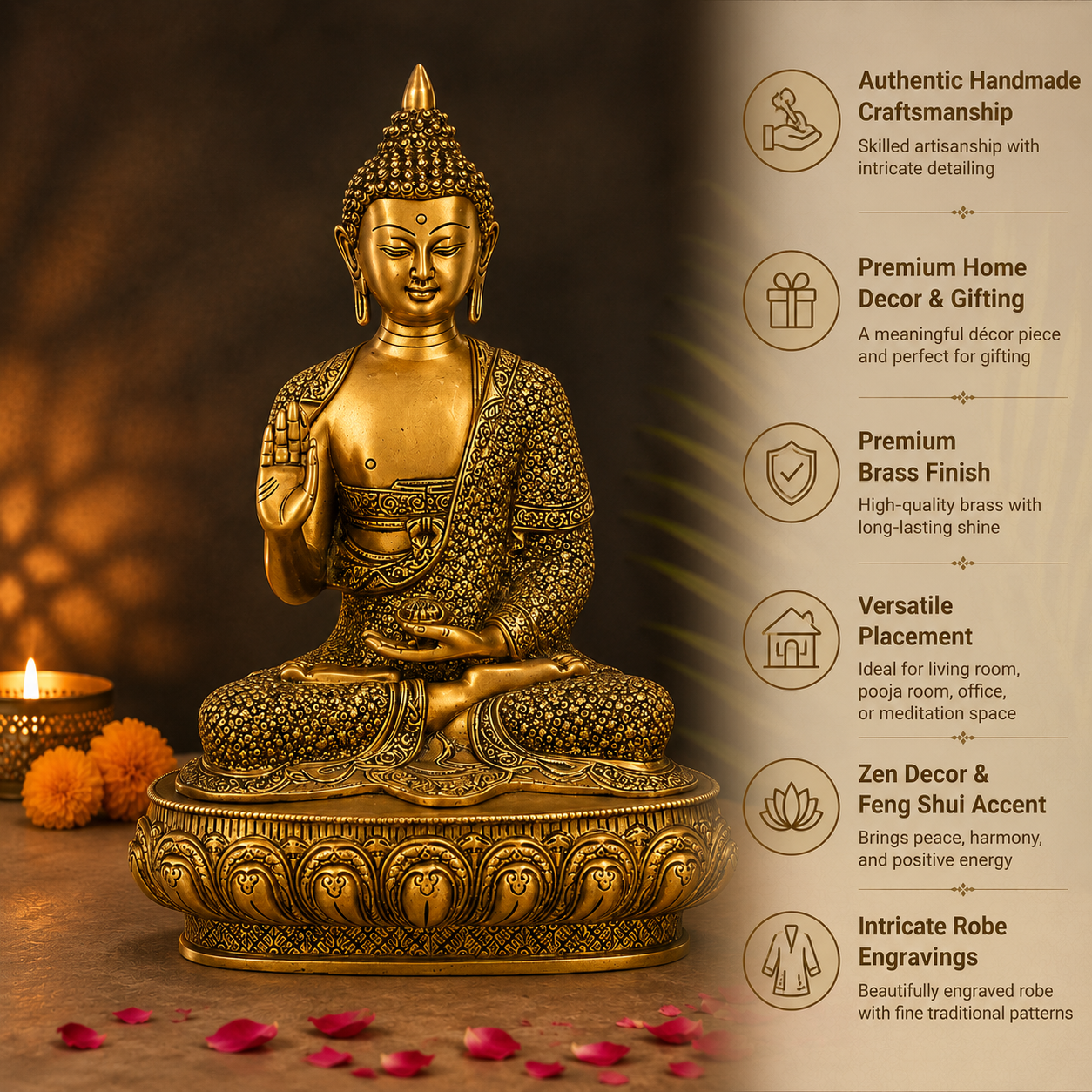 Large Brass Sitting Buddha Statue on Ornamental Base