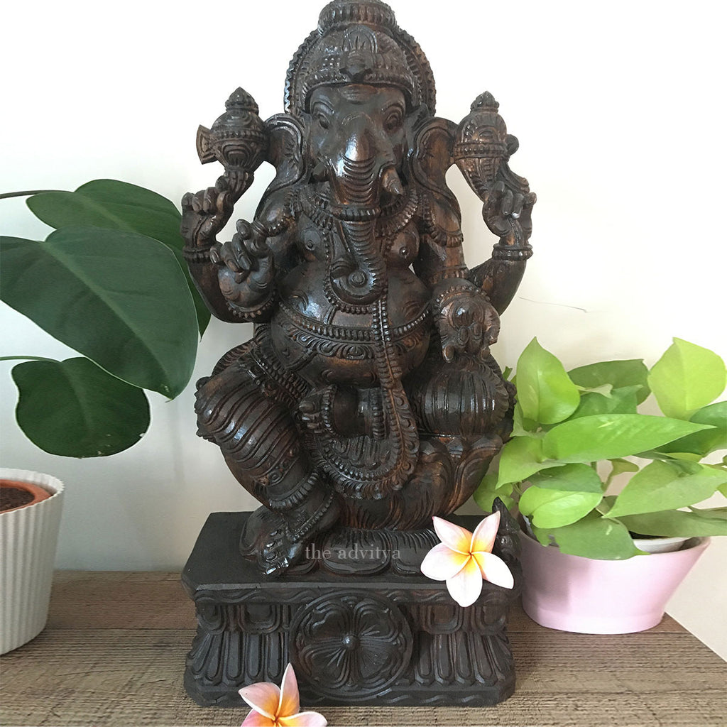 wooden ganesha idol , wooden ganesh statue , ganesha on lotus , ganpati wooden , gajanan antique idiol 