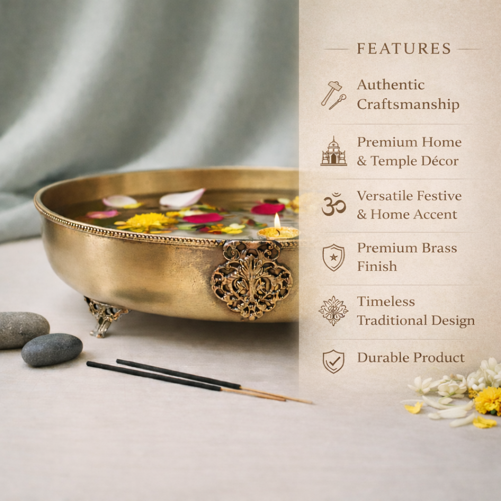 Suvarna Shanti Oval Urli | Brass Bowl | Festive Decorative Bowl | Gifting Item | 12 X 3.2 Inches