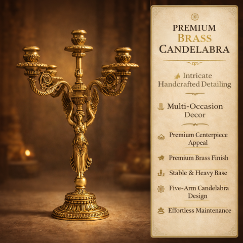 Angel Candle Stand in Brass with 5-Arm Candelabra | 18.5 inches