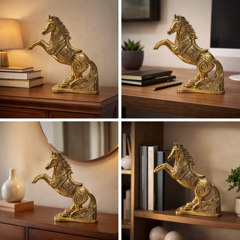Horse with Raised Legs Brass Statue for Vastu, Success Symbol Decor | 8.5 Inch
