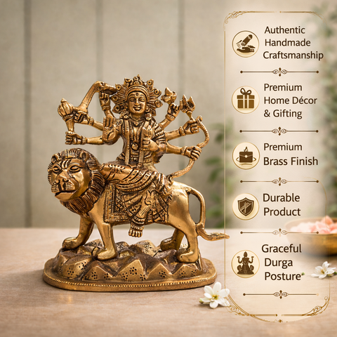 Durga Mata Brass Murti with Lion for Pooja Room | 7.5 Inches