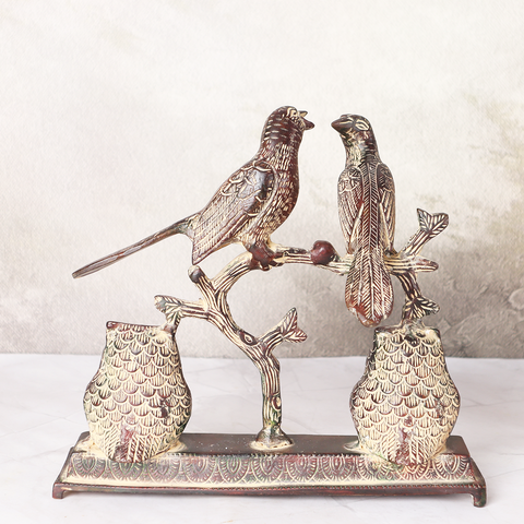 Antique Brass Bird Pair Sitting On Branch  With Two Owls