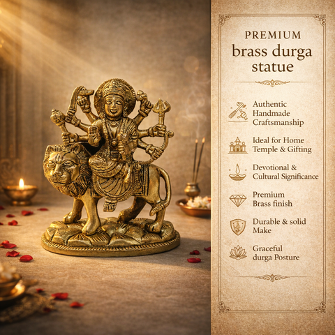 Goddess Durga with Lion Brass Idol for Mandir | 6.5 Inches