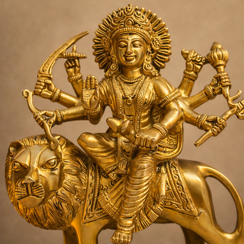 Goddess Durga Murti with Lion in Brass for Mandir, Pooja Room & Festive Decor | 8 Inch