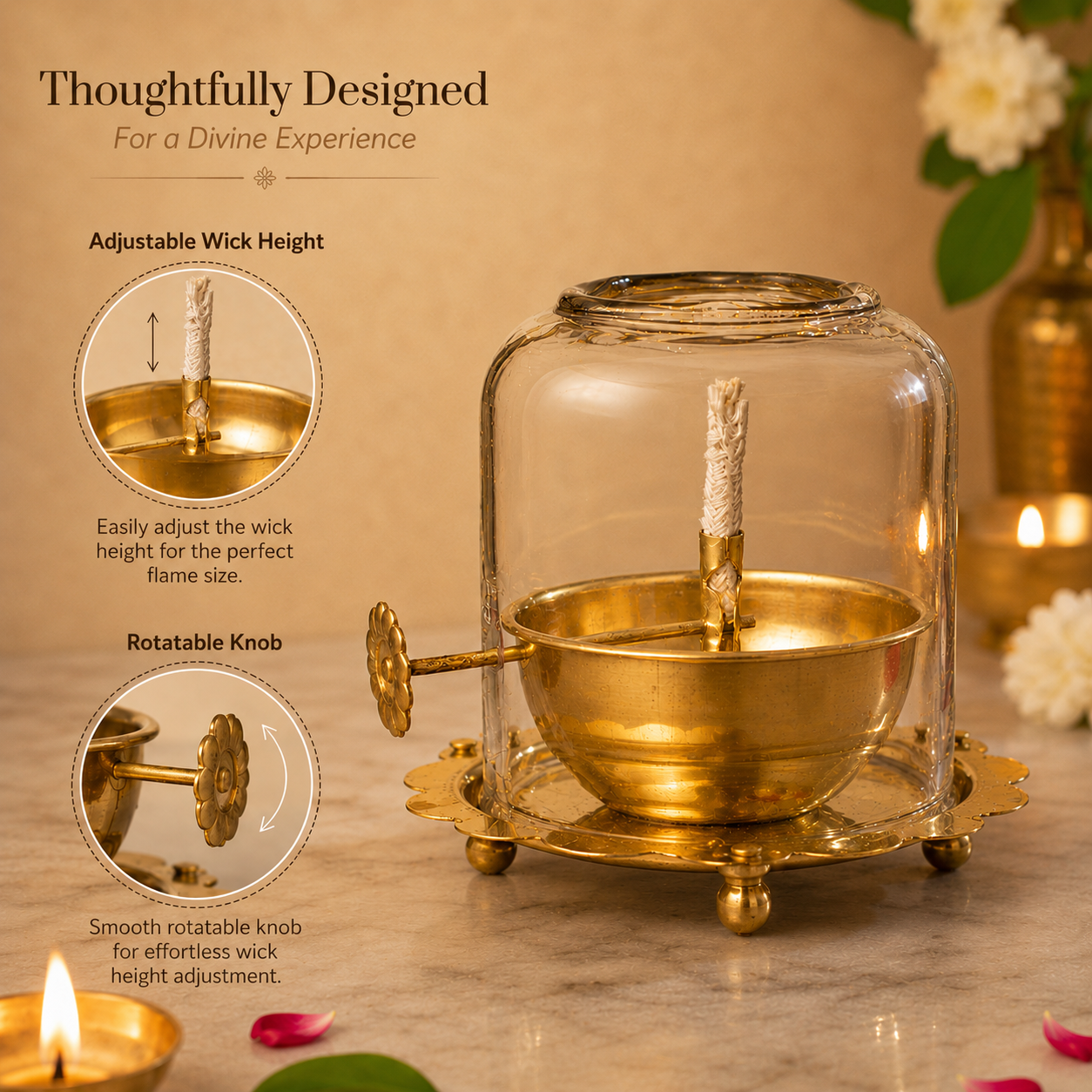 Brass Akhand Jyot Diya With Adjustable Bati Knob(Medium| 150 ML)