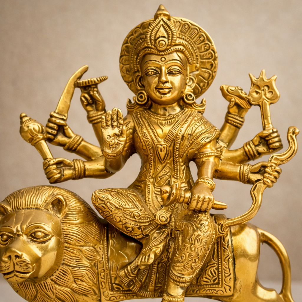 Durga Mata Brass Murti with Lion for Home Temple & Spiritual Decor | 9 Inch