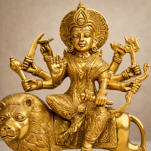 Durga Mata Brass Murti with Lion for Home Temple & Spiritual Decor | 9 Inch