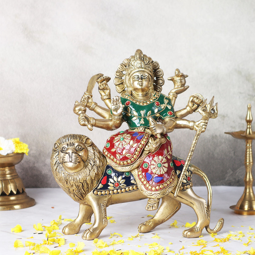 Brass Durga Idol With Mosaic Work
