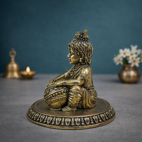 Bal Krishna Idol | Makhanchor Swaroop | Brass Superfine Finish | Home & Mandir Decor | 3 Inches