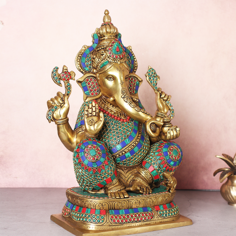 Brass Ganesha Crown-Statue With Mosaic Work