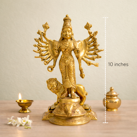 Durga Mahishasur Mardini Brass Idol with Lion for Home Temple & Pooja Room | 10 Inch