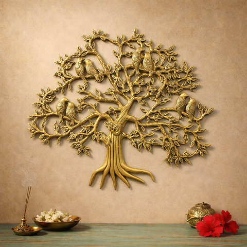 Kalpvriksha Tree with Birds Brass Wall Decor for Prosperity & Growth | 23 inches