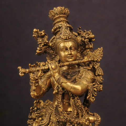 Lord Krishna with Cow Idol in Brass Finish for Temple & Decor | 27 Inches