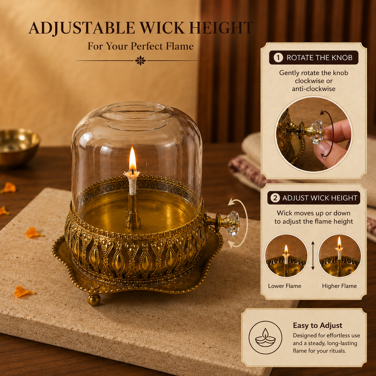 Brass Akhand Jyot Diya With Adjustable Bati Knob( Extra Large,200 Ml )