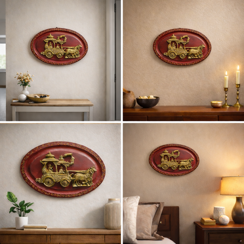 Mahabharata Krishna Arjuna Chariot Brass Wall Hanging with Wooden Base | 18 Inch