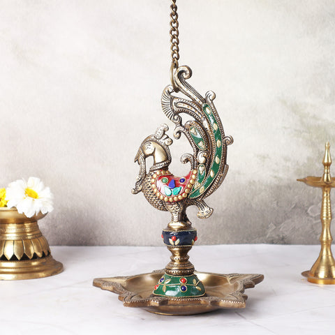 Brass Sparrow Hanging Diya in Mosaic Work