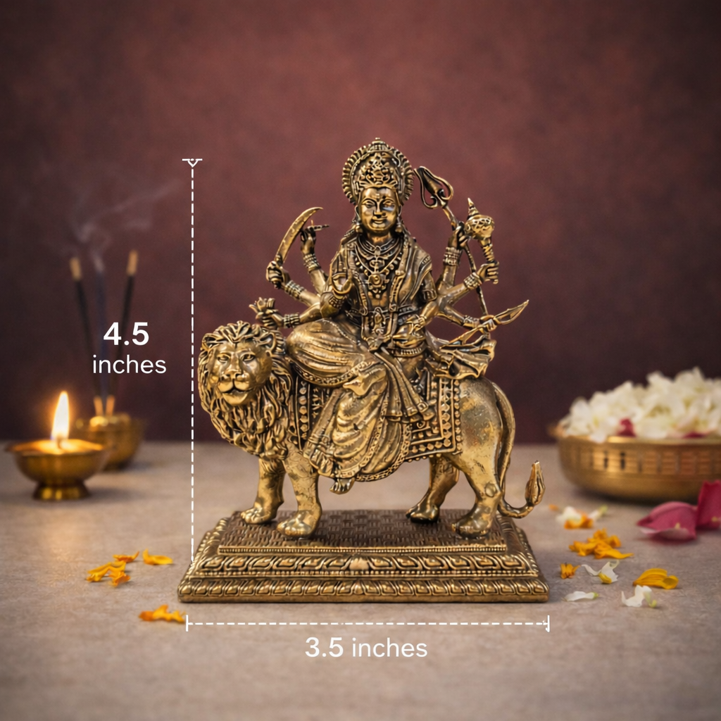 Durga on Lion Superfine Brass Statue for Puja & Home Decor | 4.5 Inch