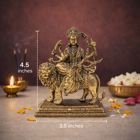 Durga on Lion Superfine Brass Statue for Puja & Home Decor | 4.5 Inch