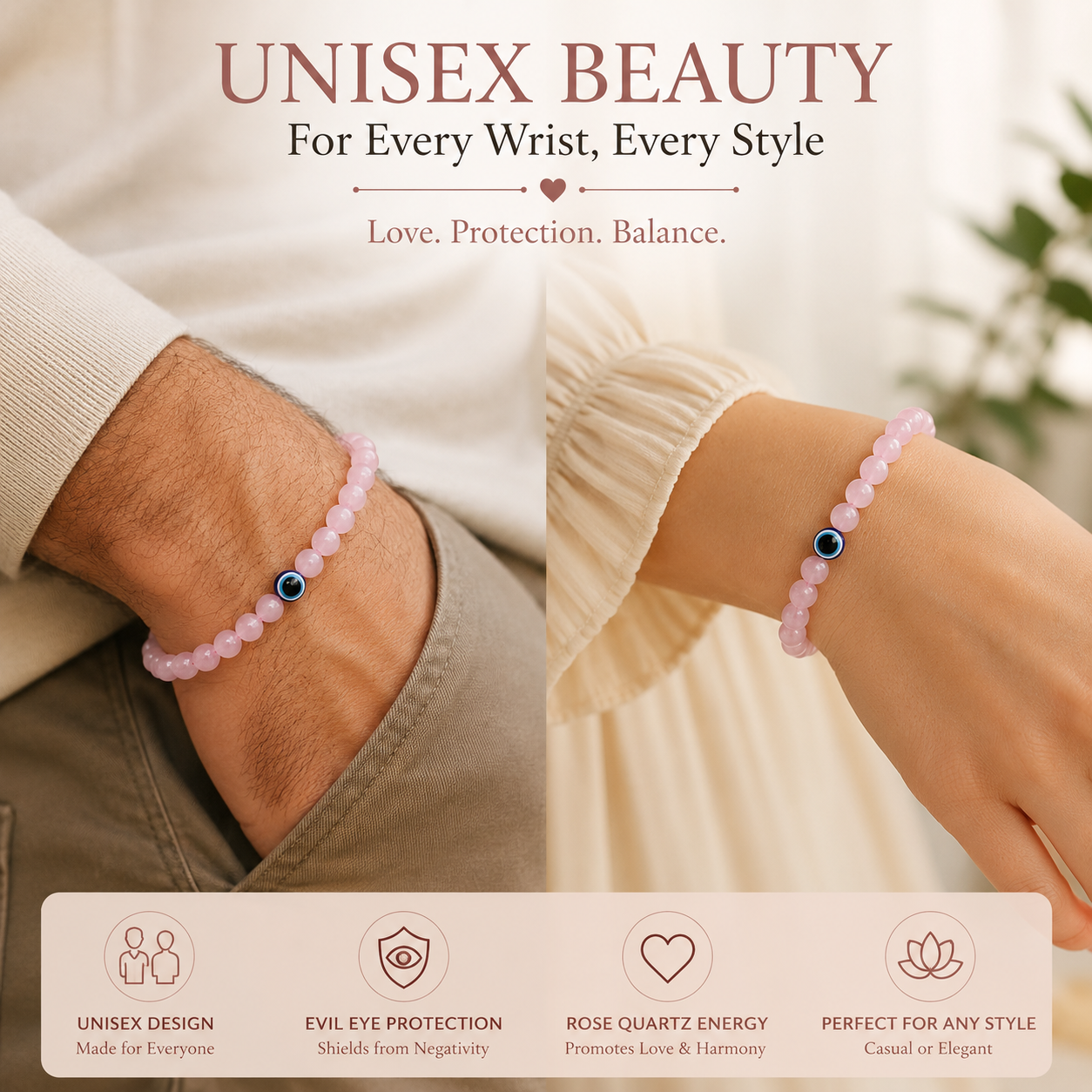 Natural Rose Quartz with Evil Eye Bracelet for Love, Protection & Emotional Peace