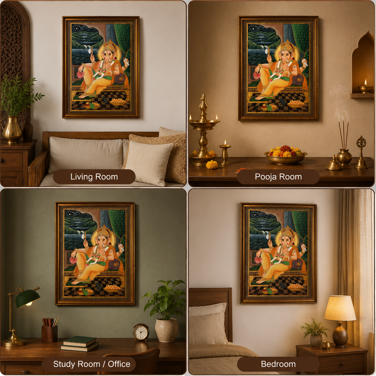 Ganesha with Mushak Vintage Painting in a Wooden Frame