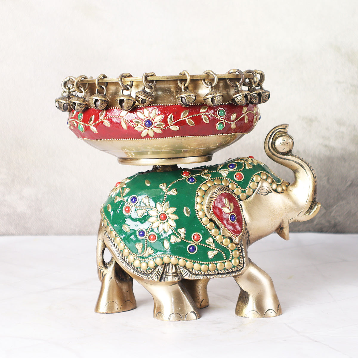 Brass Urli Bowl with Bells on Elephant  In Mosaic Work