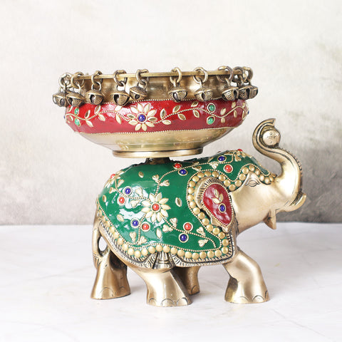 Brass Urli Bowl with Bells on Elephant  In Mosaic Work