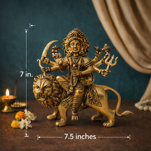 Maa Durga on Lion Brass Statue for Home & Temple | 7 Inch