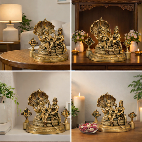 Shri Laxmi Narayan Idol on Sheshnaag in Brass Finish for Home Temple & Decor | 8.8 Inch