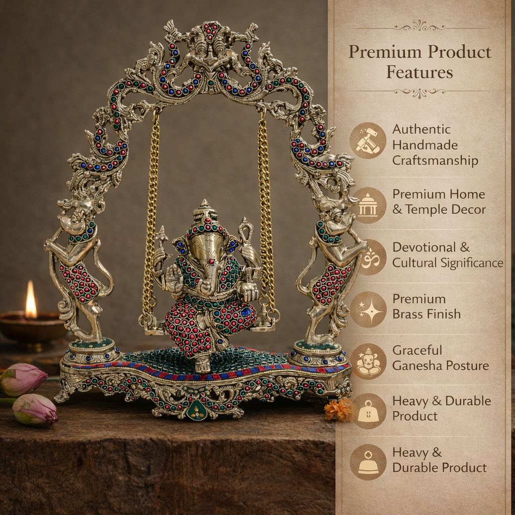 Ganesh on Jhula/Swing | Stonework Finishing | Brass Make| Decor & Gifting | 17.5 Inches