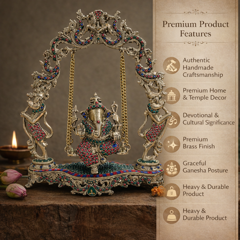 Ganesh on Jhula/Swing | Stonework Finishing | Brass Make| Decor & Gifting | 17.5 Inches
