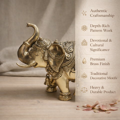 Elephant Idol in Brass Finish for Decor & Gifting | 14 X 11.5 Inches